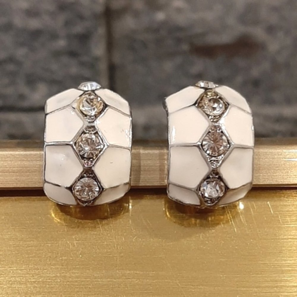 Vintage 90's Clip On Cuff Earrings Enamel Rhinestone Silver Estate Costume
